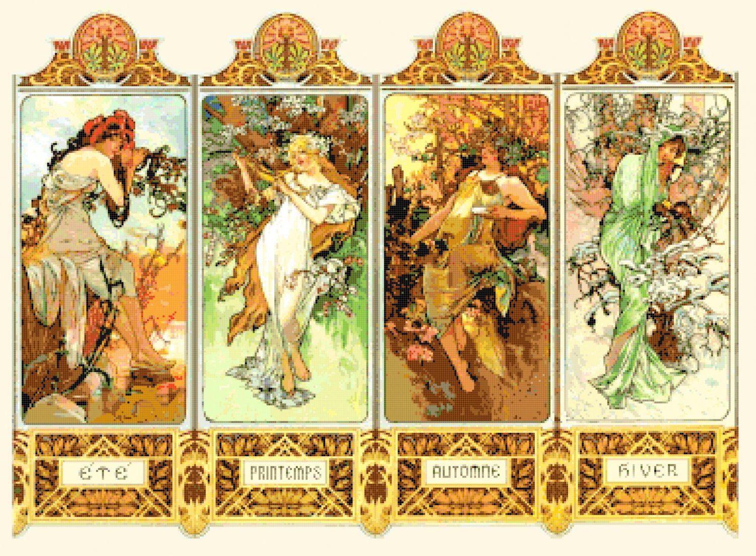 counted cross stitch pattern 4 season Mucha stained 446x321 stitches E1285