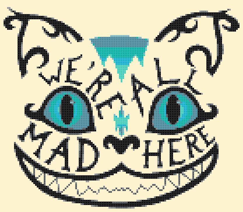 We re All Mad Here Alice In Wonderland Cheshire Cat - 9.64" x 8.21" - Cross Stitch Pattern Pdf E1660