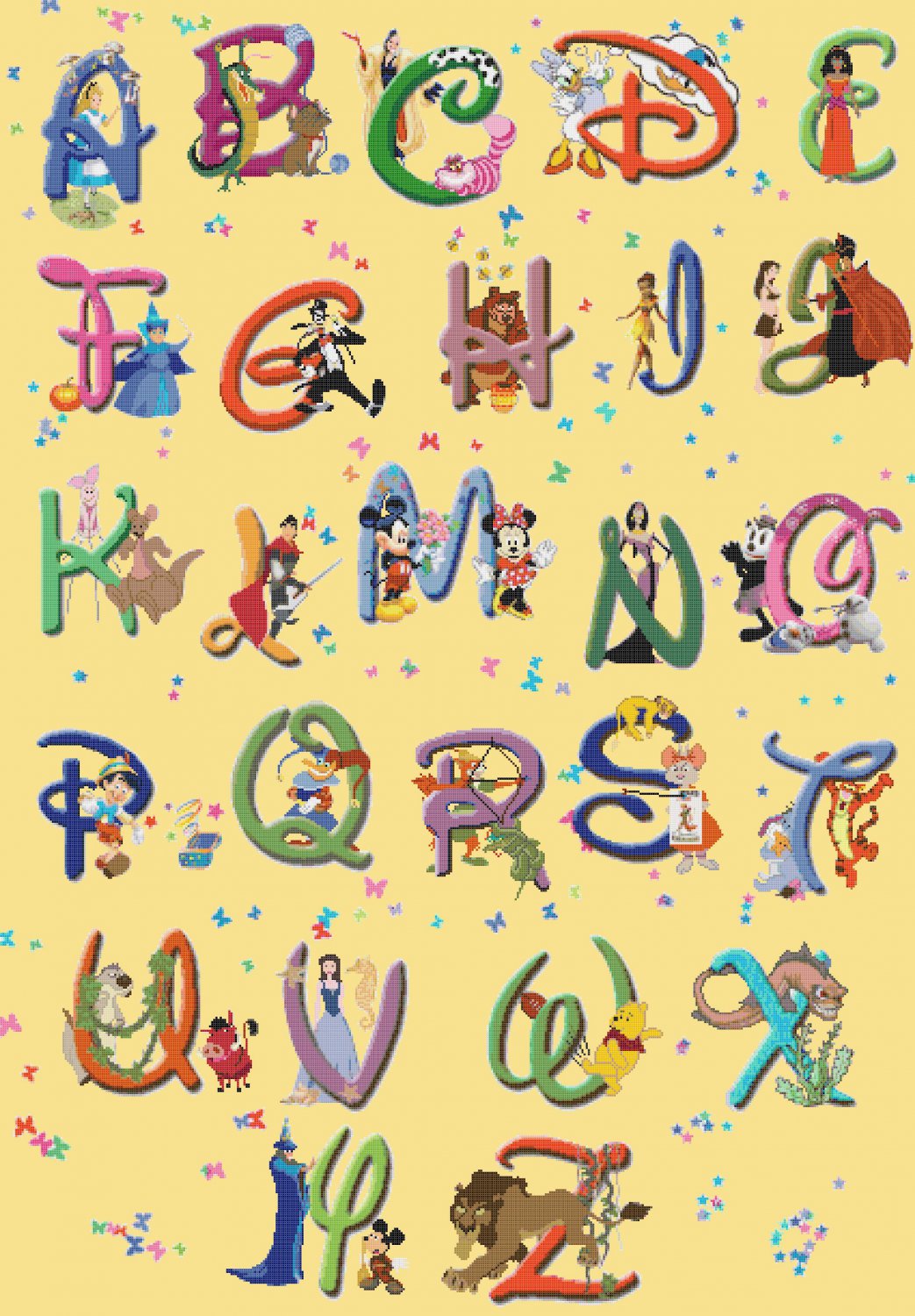 Counted Cross stitch pattern Alphabet Disney characters 425x607 stitches E1266
