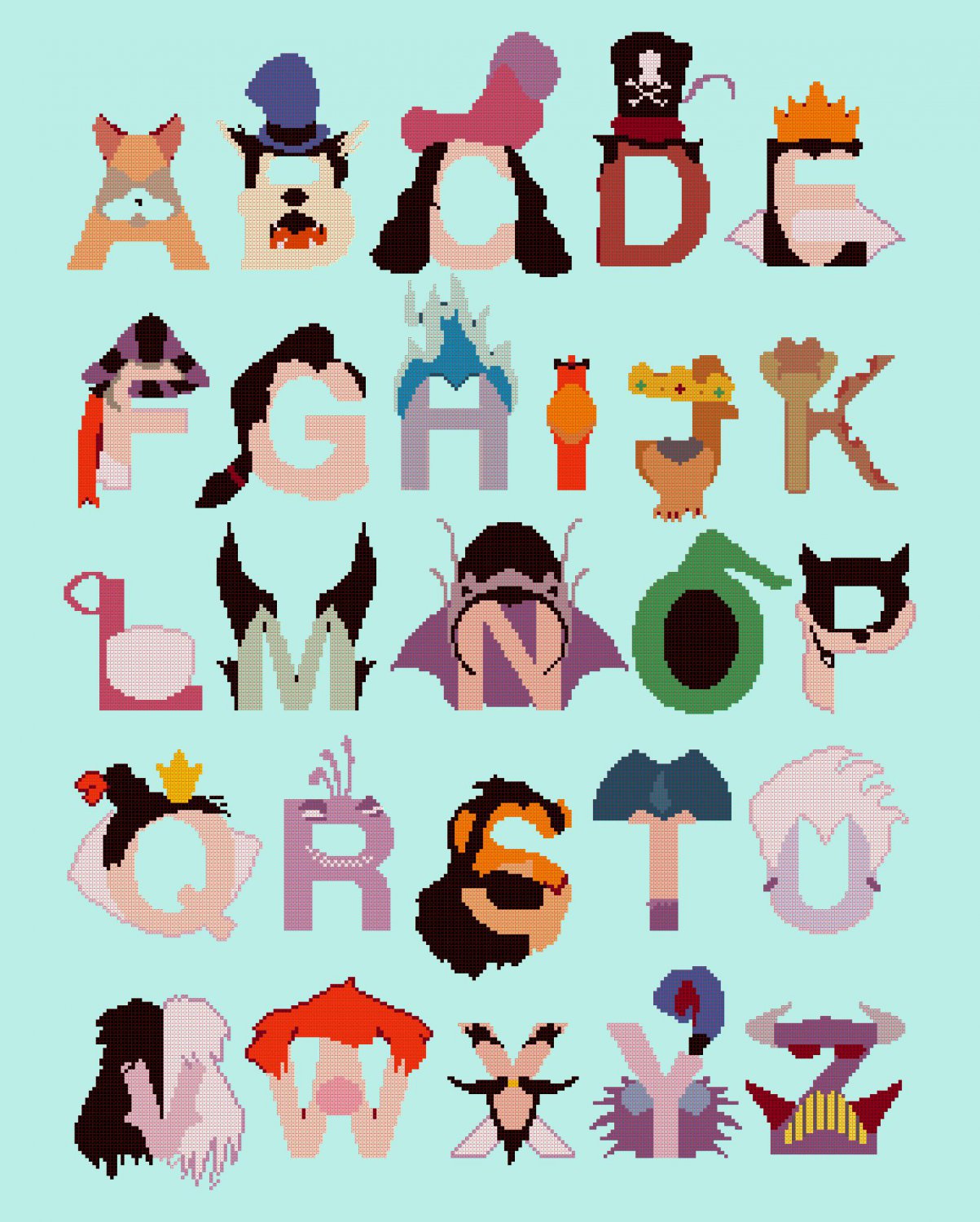Counted cross stitch pattern alphabet villain characters 240*326 stitches E1190