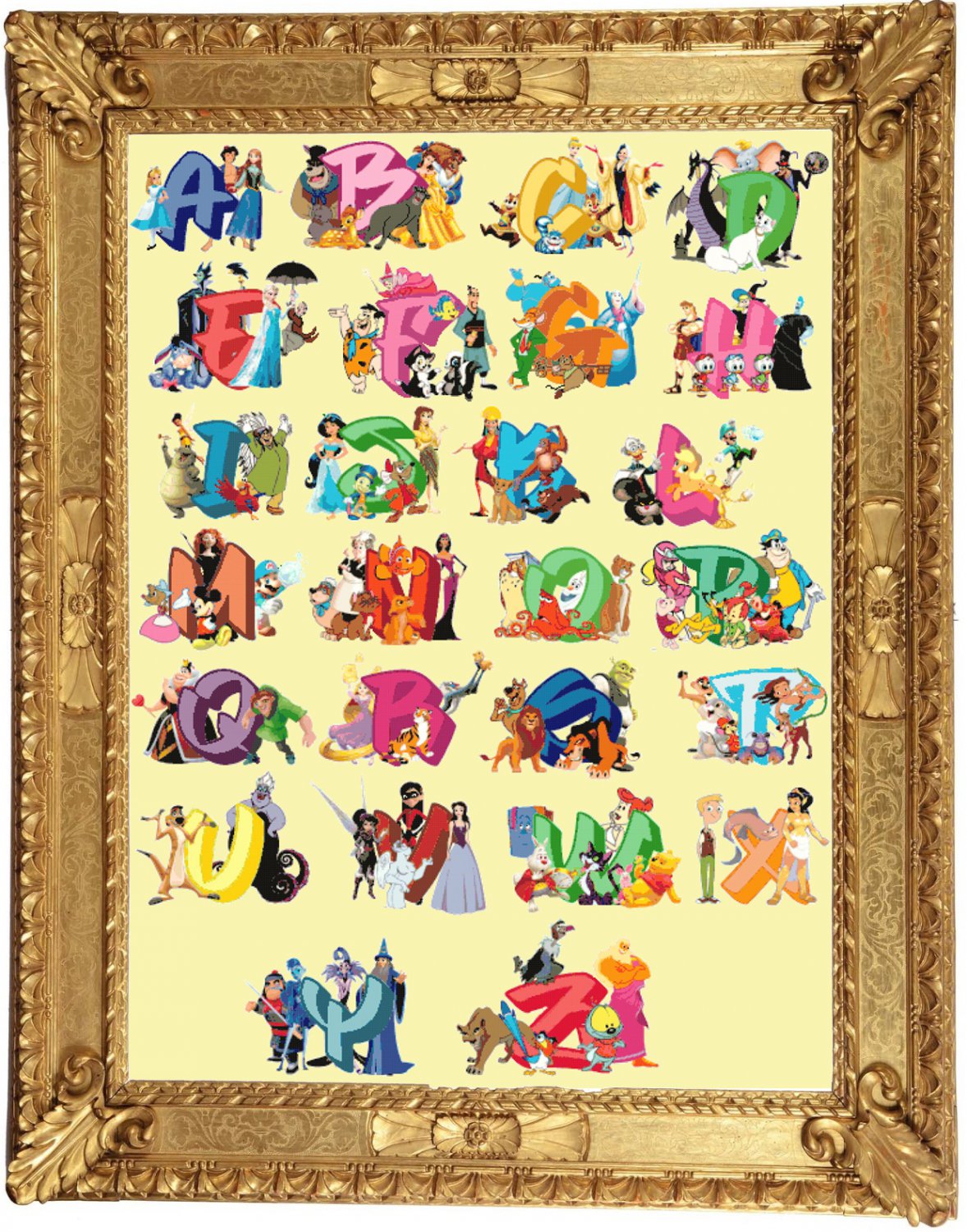Counted cross stitch pattern alphabet disney characters 547 * 753 stitches E2025