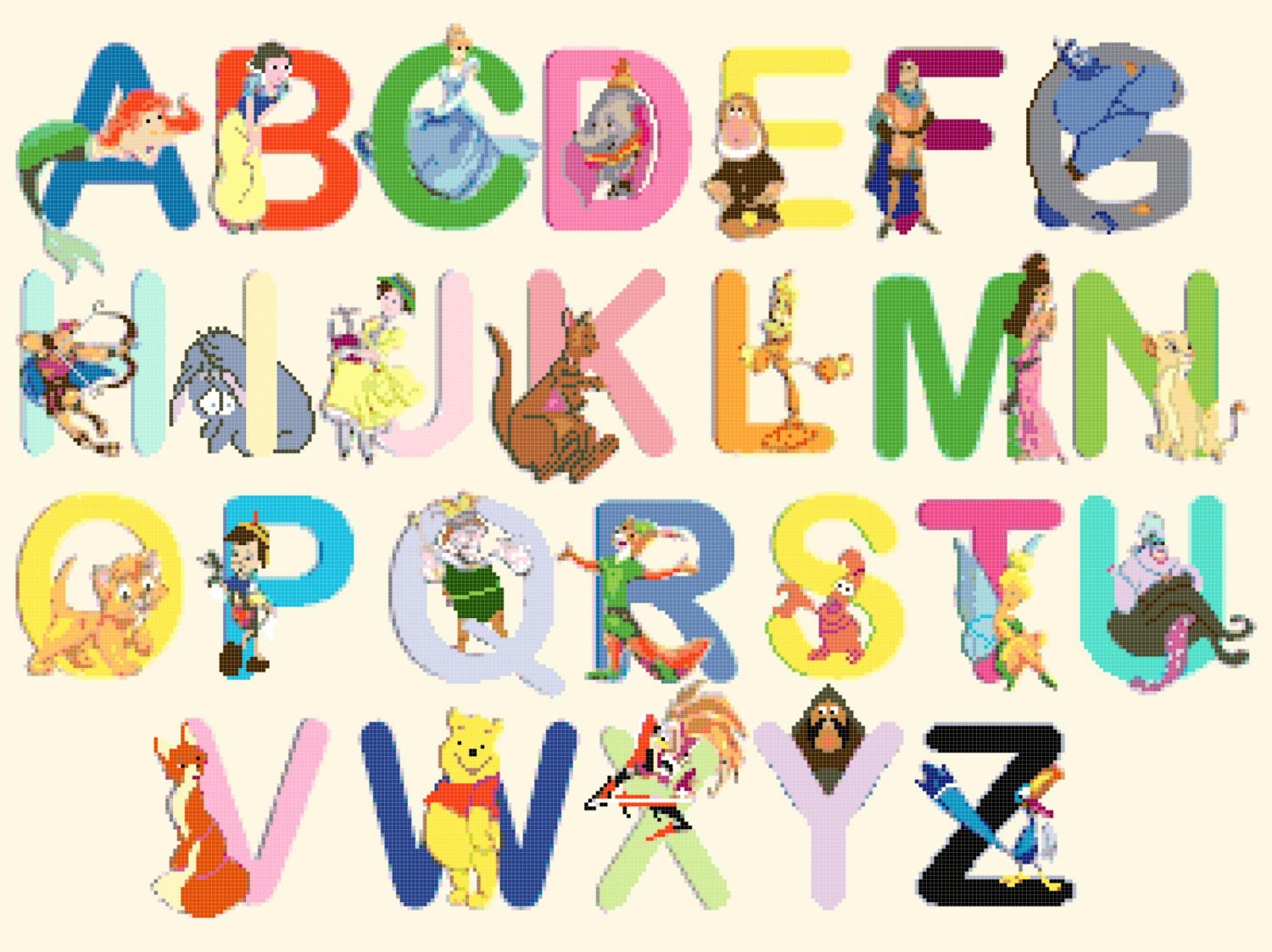 counted Cross Stitch Pattern alphabet disney characters 323 x 233 stitches E464