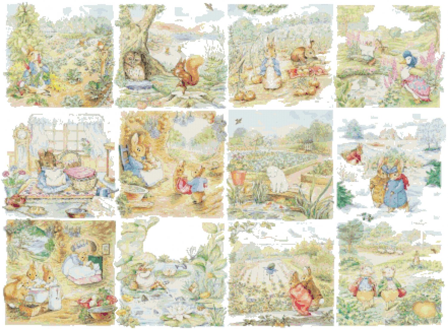 Counted cross Stitch Pattern twelve beatrix potter scenes 438*321 stitches E1544