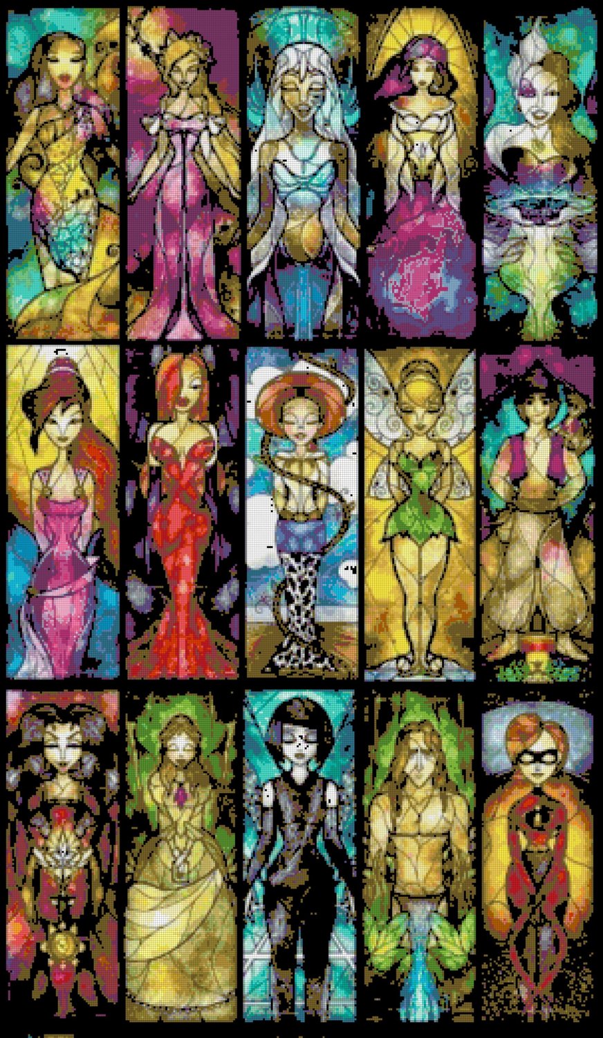 counted cross stitch pattern 15 princesses stained glass 297x518 stitches E1481