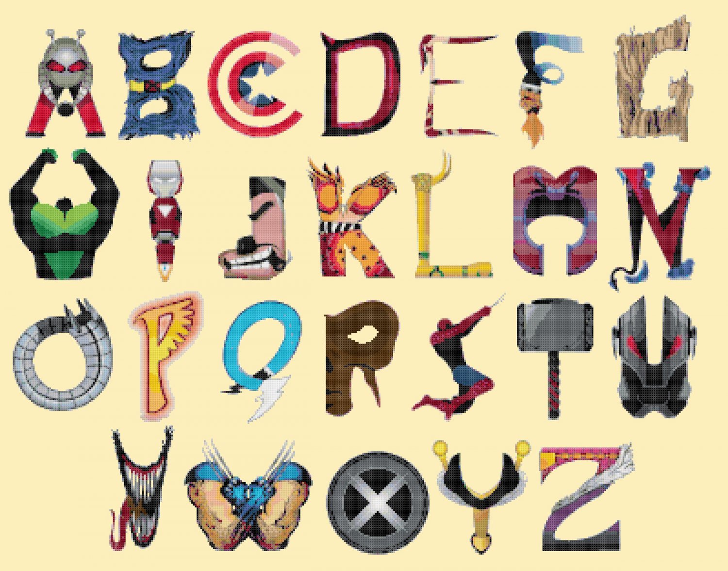 counted cross stitch pattern alphabet marvel ABC chart 386x297 stitches E1677