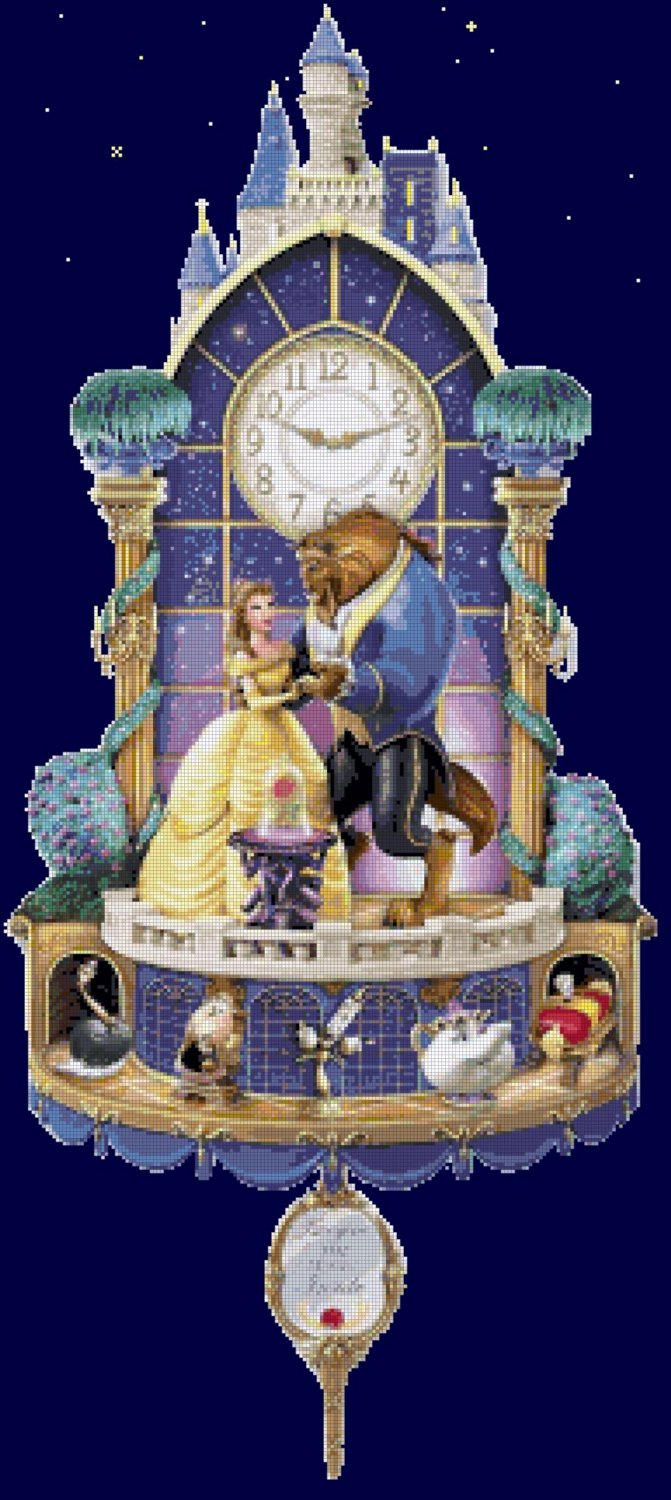 counted cross stitch pattern beauty beast cuckoo clock 188x424 stitches E2156