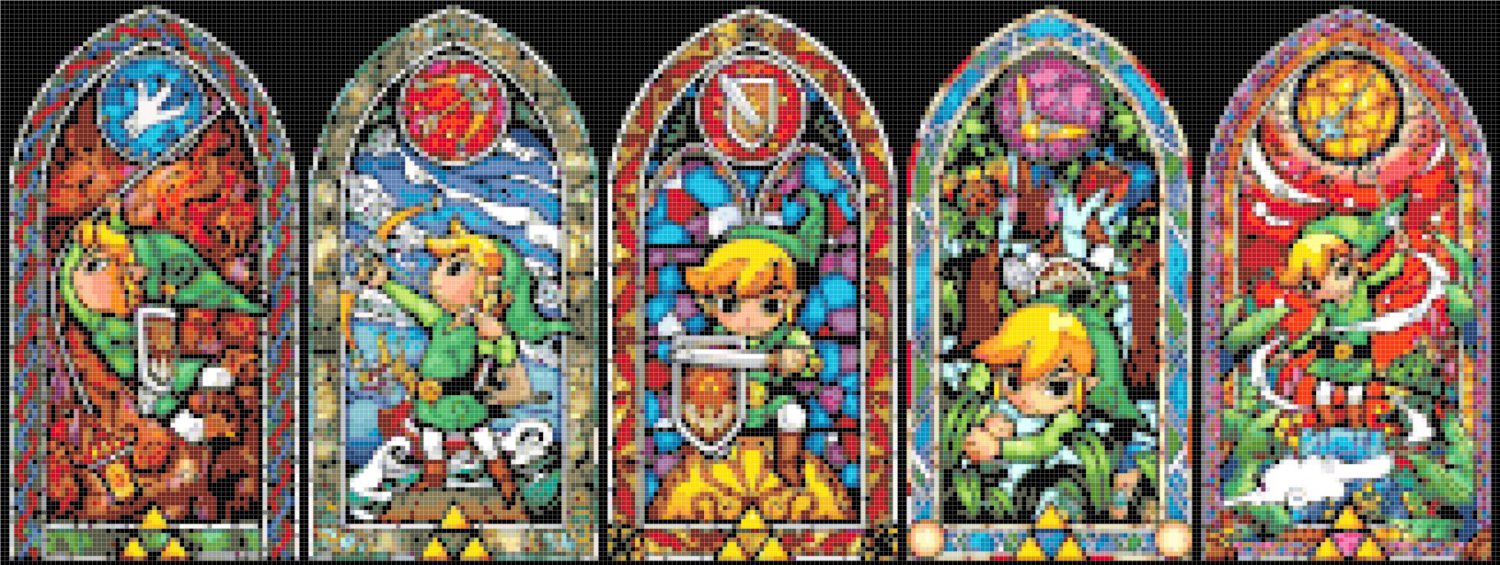 Counted Cross stitch pattern 5 hyrule windows stained glass 326x123 stitches E973