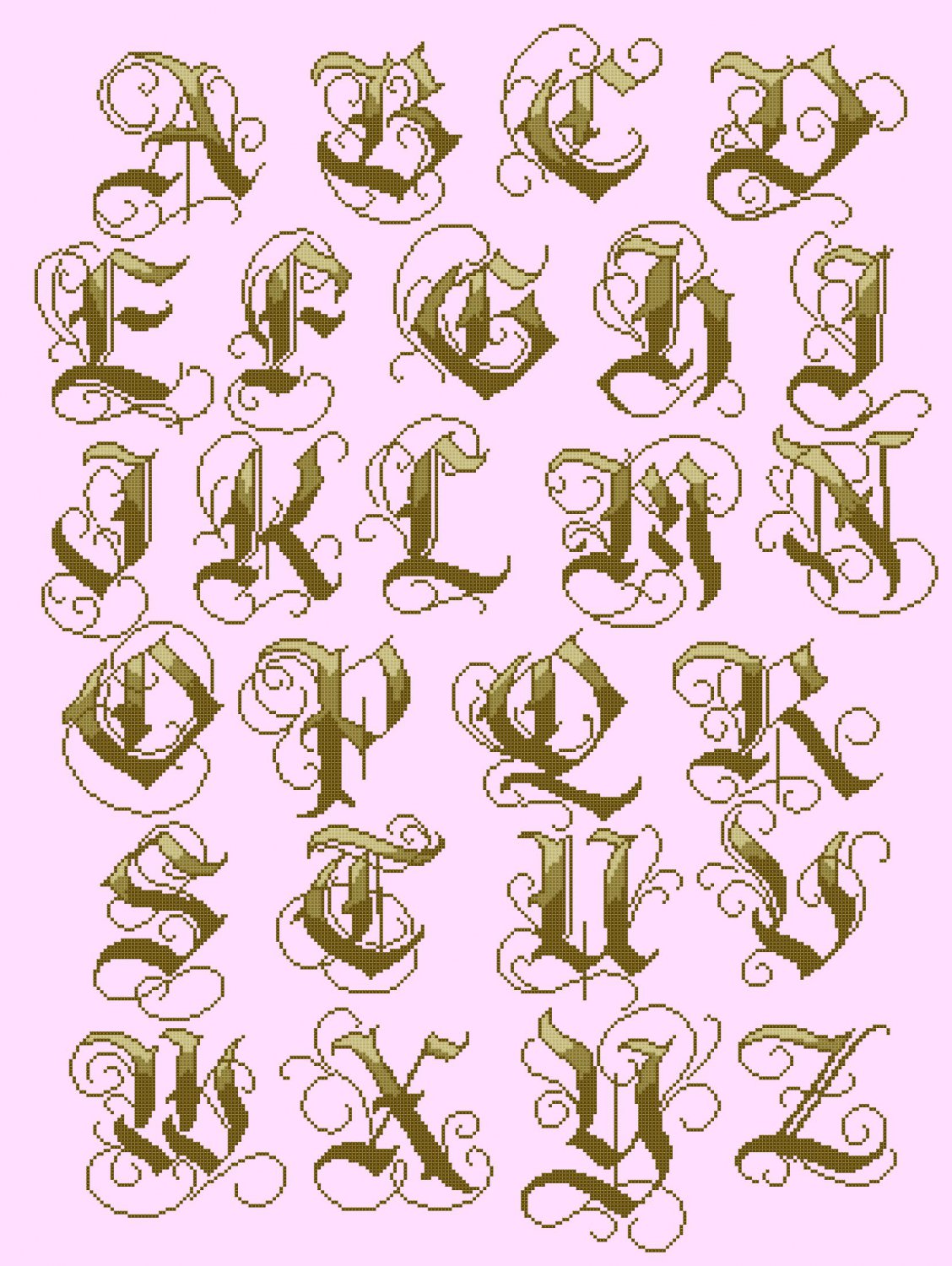 counted cross stitch pattern Old gothic gold alphabet 262*356 stitches E1681