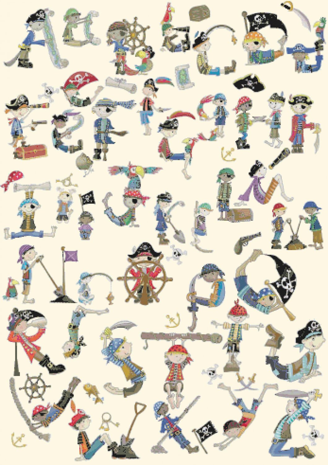 counted cross stitch pattern ABC alphabet pirates 346 x 486 stitches E1016