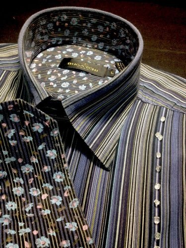 Bugatchi Uomo Blue BEADED STRIPED Floral Flip Cuff Mens Large Dress Shirt Metro