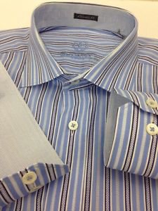 Bugatchi Uomo Blue Mens Large Striped 16.5" 36/37" Crisp Long Sleeve Dress Shirt