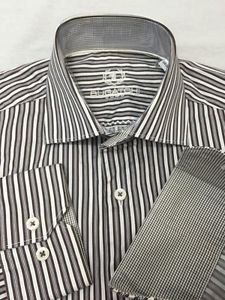 Bugatchi Uomo Striped Brown/White Mens 15.5" 34/35 Dress Shirt Smooth Thick