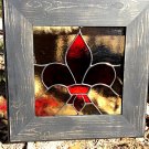 Stained Glass Red Fleur de lis in frame