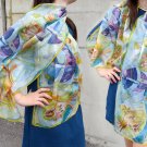 Hand painted silk scarf with boat, shellfish, fish, waves Blue, Purple, Navy, Pink, Yellow