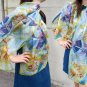 Hand painted silk scarf with boat, shellfish, fish, waves Blue, Purple, Navy, Pink, Yellow