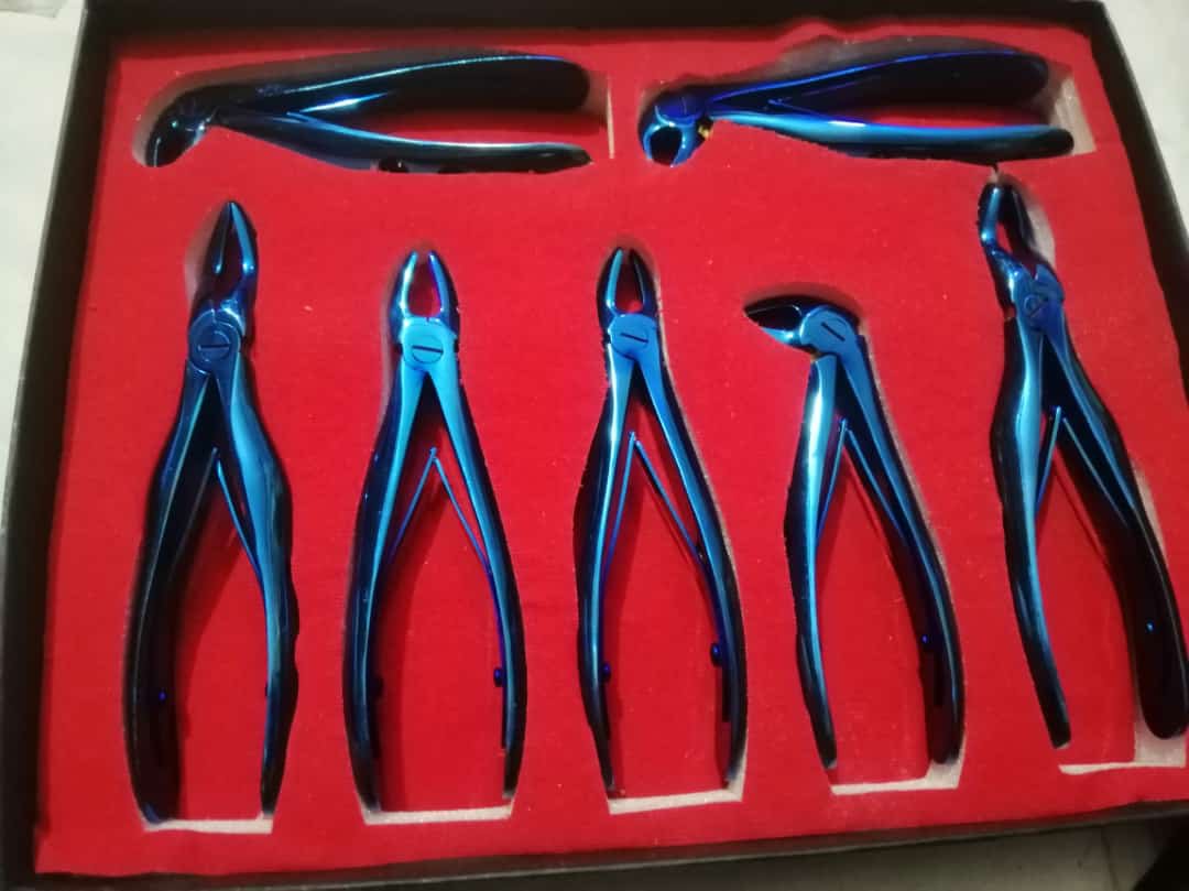 Dental Tooth Extraction Forceps Dark Blueish Titanium Coated 10 Pcs Kit