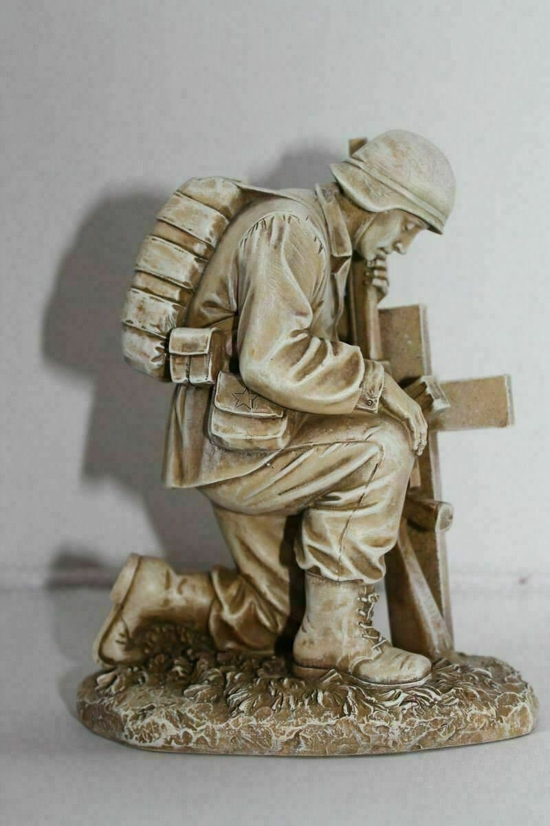 Kneeling Soldier by Cross Praying Military Army Statue Memorial