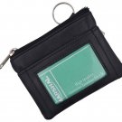 Black Leather ID Holder Coin Change Purse Credit Card Pouch w Key Ring Unisex