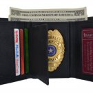 Leather Badge Holder ID Credit Card Wallet RFID Tri fold Black