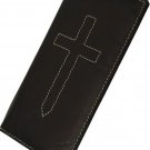 Standard Leather Checkbook Cover w Stitched Cross Men Women Slim Style Black