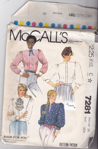 McCall's 7281 Pattern Uncut 10 Bust 32.5 Long Sleeve Blouses Tucks Gathers Jabot Cuffs Neckband