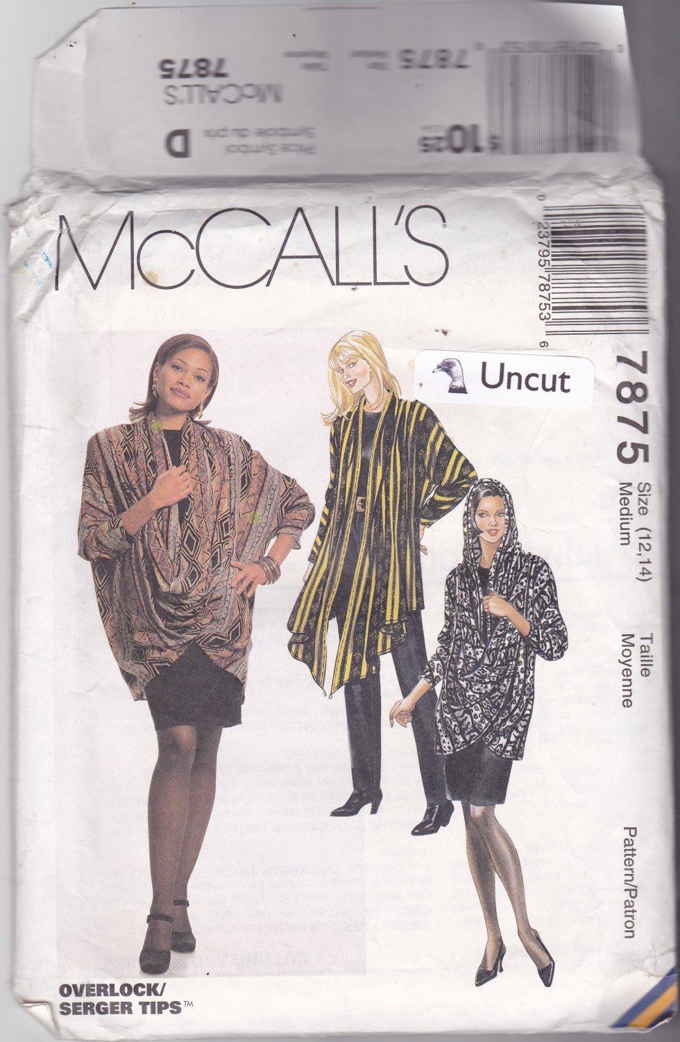 McCall 7875 Pattern 12 14 Medium 34 36 Uncut Loose Fit Jacket Draped Collar Skirt Pants