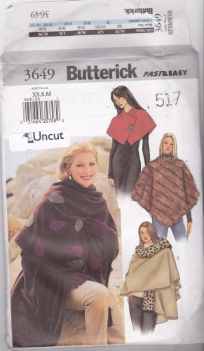 Butterick 3649 Pattern XS S M uncut Poncho Capelet Stole Outerwear Wraps
