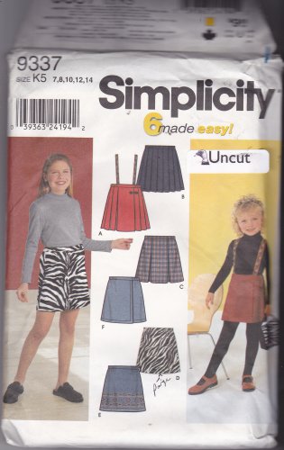 Simplicity 9337 Pattern Uncut size 7 8 10 12 14 Girls Pull On Skirts Pleated Mock Wrap Suspenders