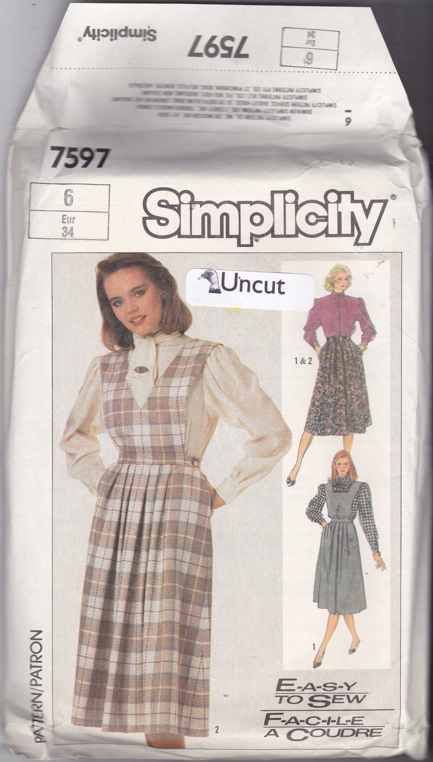 Simplicity 7597 Pattern 6 Bust 30.5 Uncut Jumper Detachable Bib Blouse Skirt
