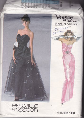 Vogue 1853 Pattern Uncut Size 8 Bust 31.5 Formal Dress Flared Overskirt Bellville Sassoon Designer