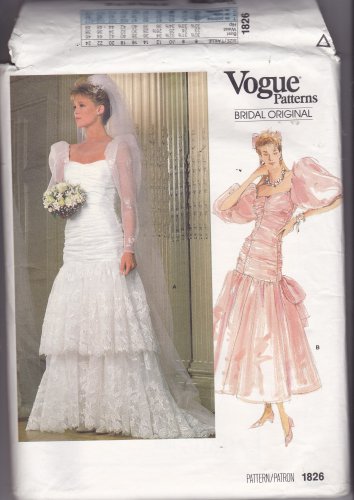 Vogue 1826 Pattern Uncut Size 8 Bust 31.5 Bridal Wedding Dress Train Shirred Bodice Lace Ruffles
