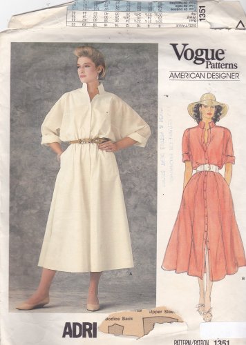 Vogue 1351 Pattern 8 Uncut Designer ADRI Shirtwaist Dress Loose Fit Modest