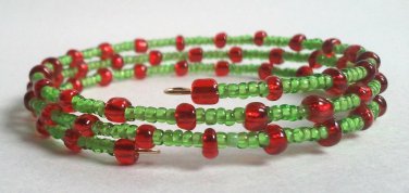 Handmade Red Green Memory Wire Glass Beaded Bracelet
