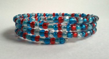 Handmade Teal Aqua Red Memory Wire Glass Beaded Bracelet