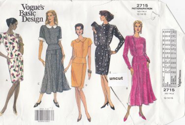 Vogue 2715 Pattern 12 14 16 Easy Dress w/ Cuff, Skirt, Overlay Variations Uncut