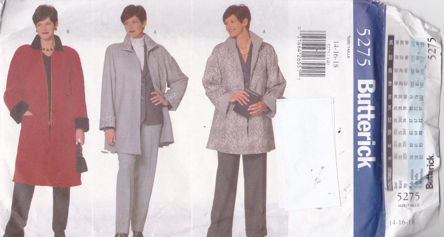 Butterick 5275 Pattern 14 16 18 Uncut Front Zip Car Coat