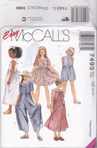 McCall's 7493 Pattern Uncut size 3 4 5 Girls Button Front Short or Long Midi Dress Jumpsuit