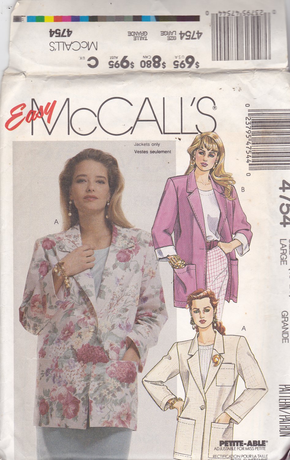 McCall's 4754 Pattern 18 20 Uncut Boxy Oversize Unlined Jacket Blazer Patch Pockets Rolled Cuff Plus
