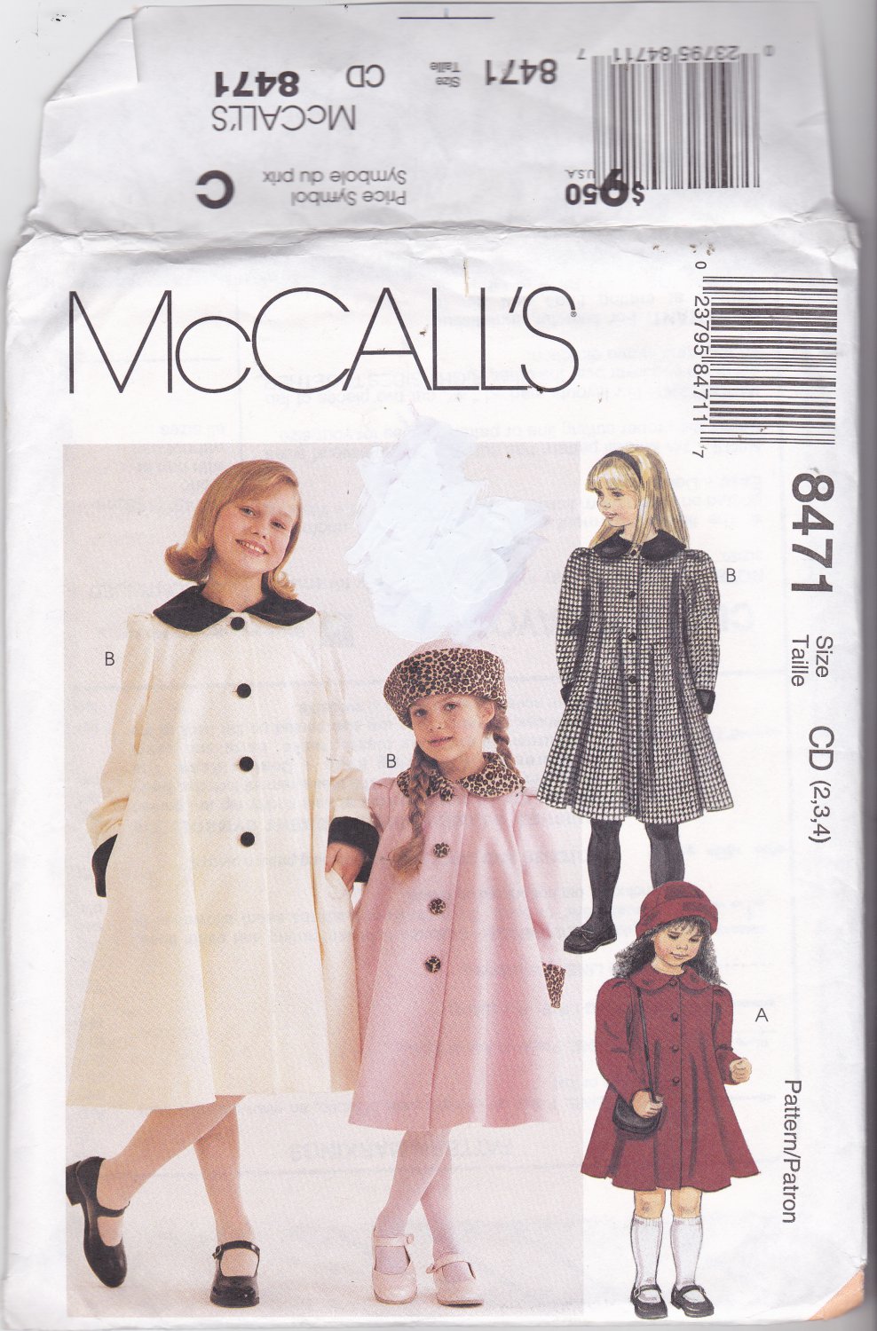 McCall's 8471 Pattern Uncut 2 3 4 Girl Children Kids Classic Lined Coat Hat Contrast Collar Cuffs