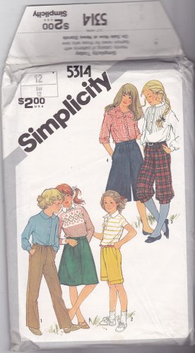 Simplicity 5314 Pattern Uncut Girls 12 Knickers Bermuda Shorts Culottes Skirt Pants