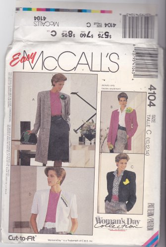 McCall's 4104 Pattern 10 12 14 Uncut Coat Jacket Long Short Sleeves Cropped Below Hip or Knee Length