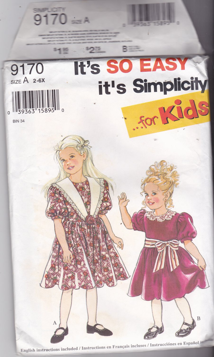 Simplicity 9170 Uncut 2 3 4 5 6 6x Toddlers Girls Dress Puffy Sleeves Gathered Skirt Contrast Collar
