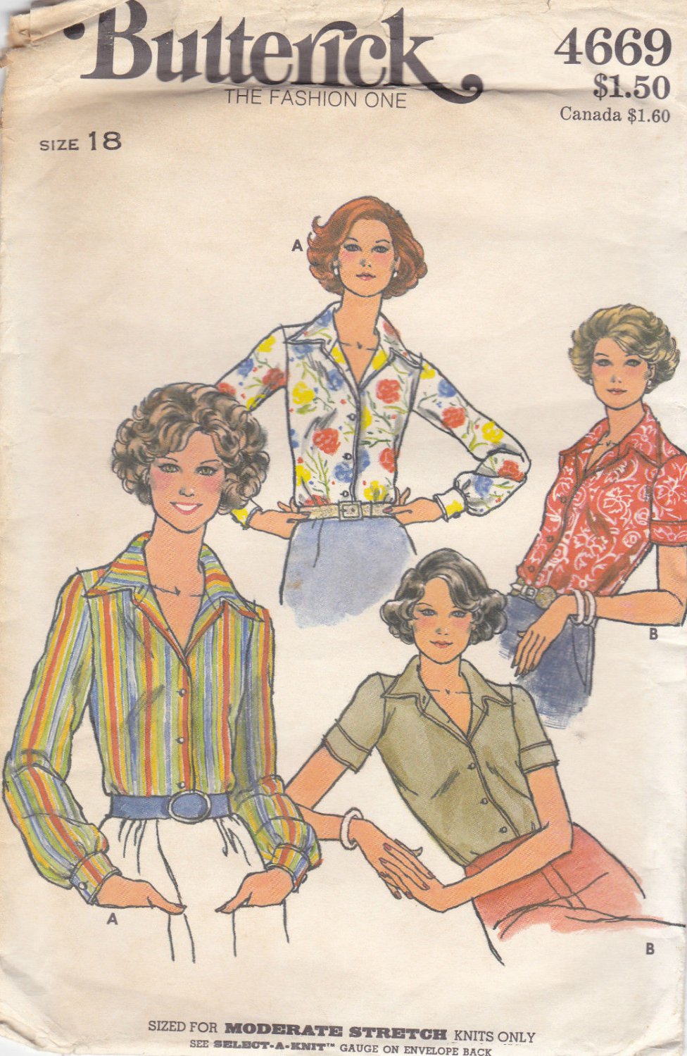 Vintage Butterick 4669 Button Front Blouse Top W Collar Stretch Knits 