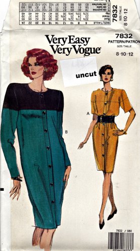 Vogue 7832 Pattern 8 10 12 Very Easy Straight Dress Shoulder Pads Uncut