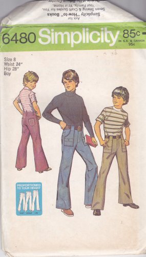 Simplicity 6480 Pattern Boy 8 W24 Flared Leg Pants Jeans Uncut c 1974