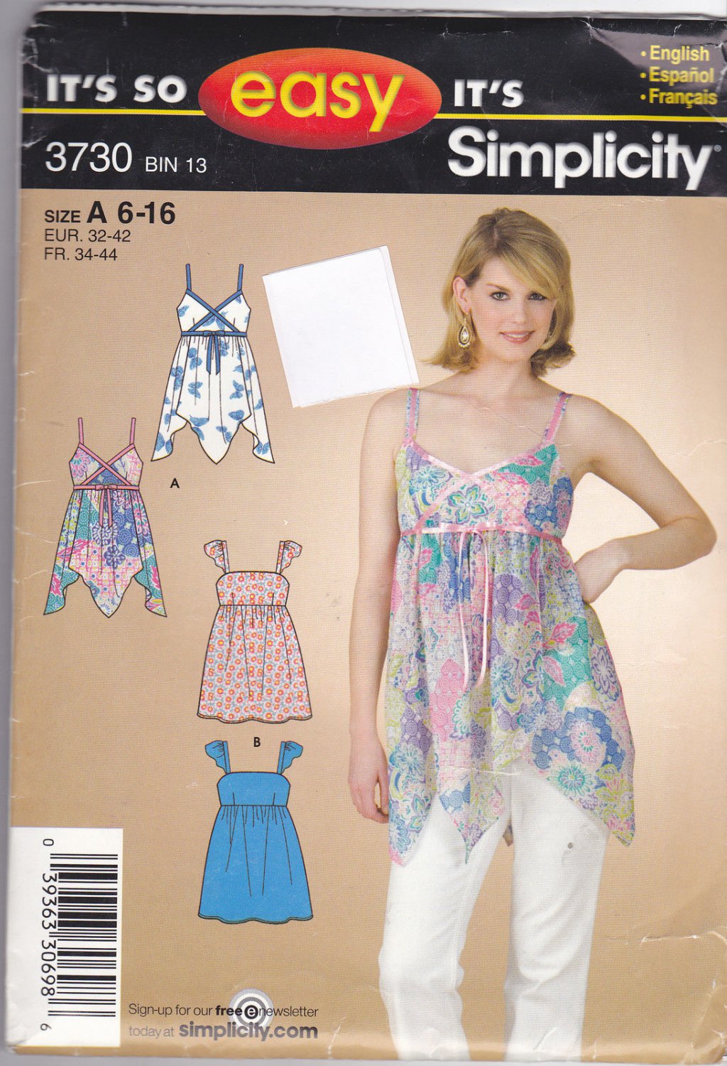 Simplicity 3730 Boho Top Handkerchief Hem 6 8 10 12 14 16 uncut