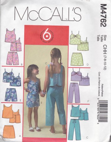 McCall M4762 Uncut 7 8 10 12 Girls Summer Tops Shorts Skort Capri Pants Separates