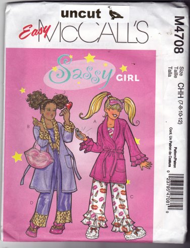 McCall M4708 Pattern Uncut 7 8 10 12 Girls Robe Belt Pajama Top Ruffled Pants Lips Bag