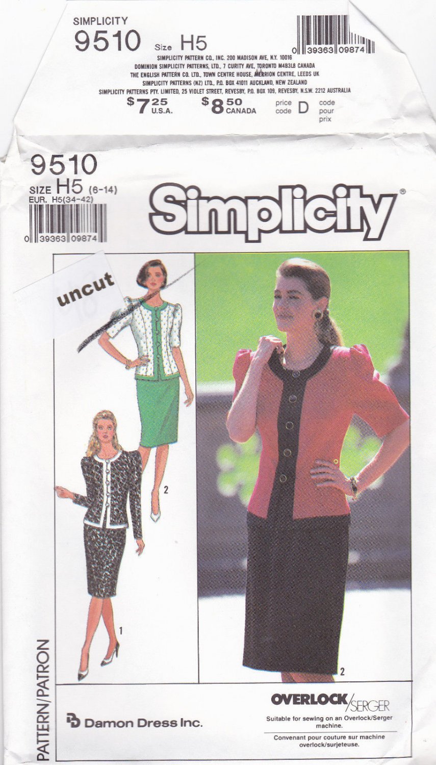 Simplicity 9510 Pattern 6 8 10 12 14 Two Piece Dress Jacket Skirt Puffy Sleeves Uncut