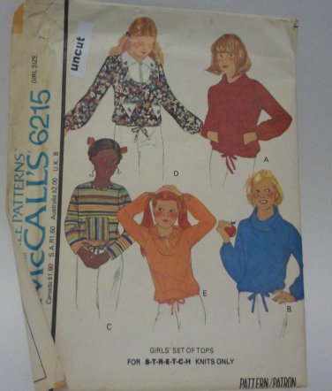 Vintage McCall 6215 Pattern Uncut Tops Cowl Hoodie Girls 7 for Knits